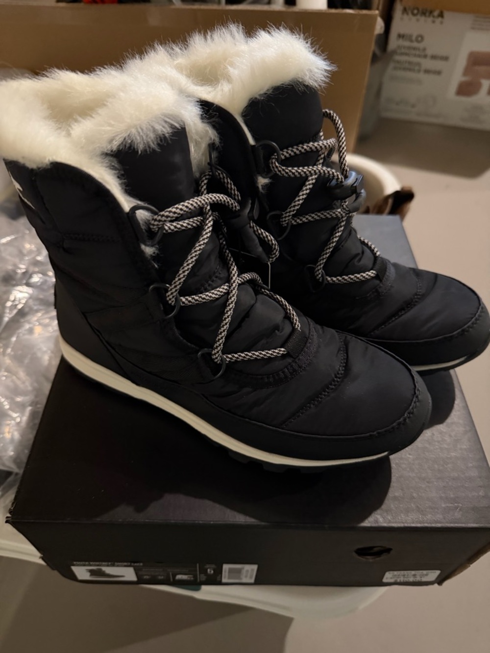 Sorel Youth Whitney Black Winter Boots Lace with White Faux-Fur Trim